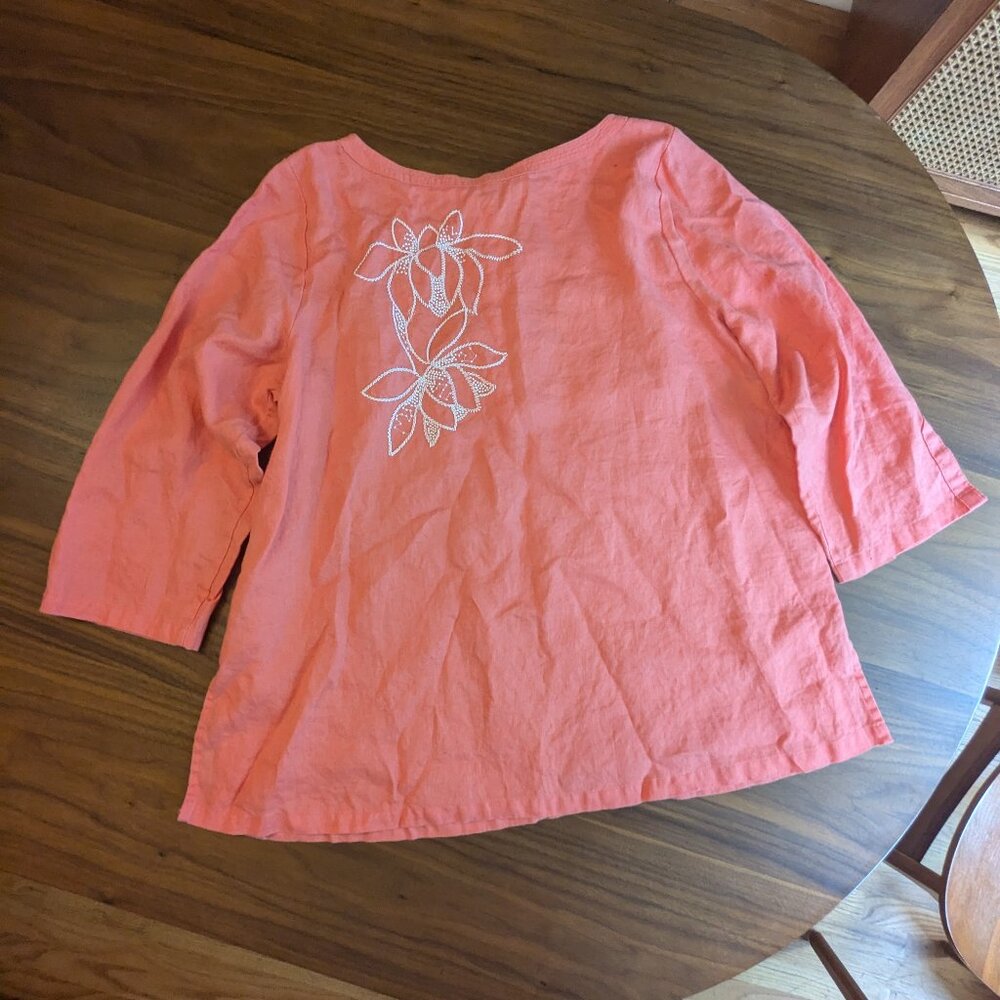 alexandra bartlett 100% linen top 1x salmon tunic embroidered floral button